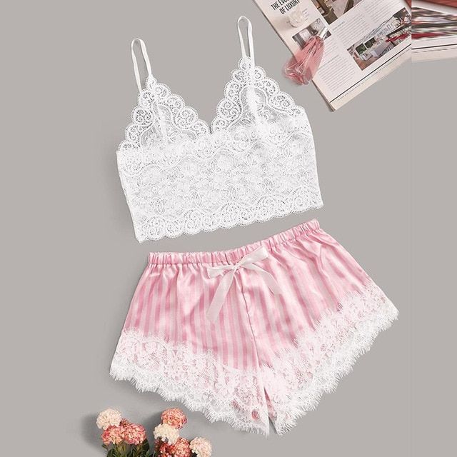Women's Pajamas Women Pajamas Sexy Lace Silk Pyjamas Set