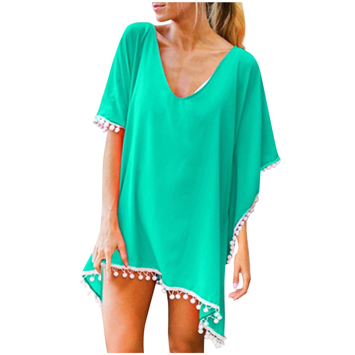(Mint Green -2)Women Chiffon Tassels Swimsuit Cover Up Sexy Bikini Beach Cover Ups Chiffon Blouse Summer Solid Boho Beach Dress Robe De Plage SMA