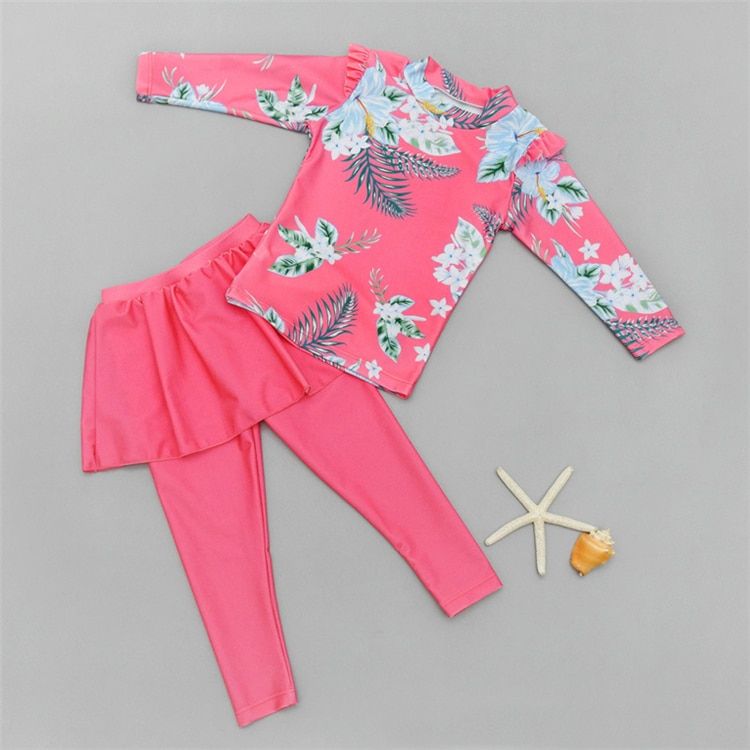 Children Long Sleeve Skirt Swimsuit Kid Cute Flower Print Swimwear Baby Bathing Suit Pink