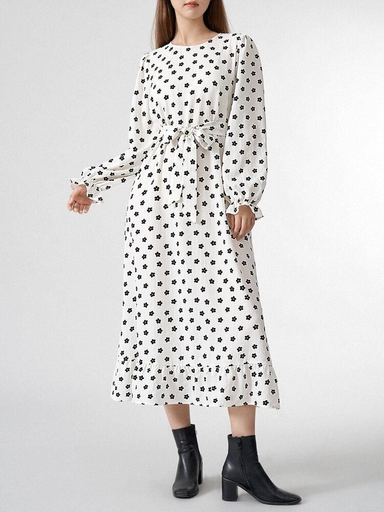 Allover Floral Print Belt Ruffle Hem Long Sleeve Dress