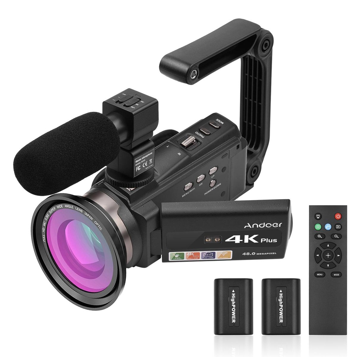 Andoer 4K/60FPS 48MP WiFi Digital Video Camera Set 1 Camcorder Recorder + 1 Microphone + 1 Remote Control + 2 Batteries + 1 Camera Lens + 1 Handle Grip with 16X Zoom 3 Inch Touchscreen IR Infrared Night Sight Cold Shoe Mount