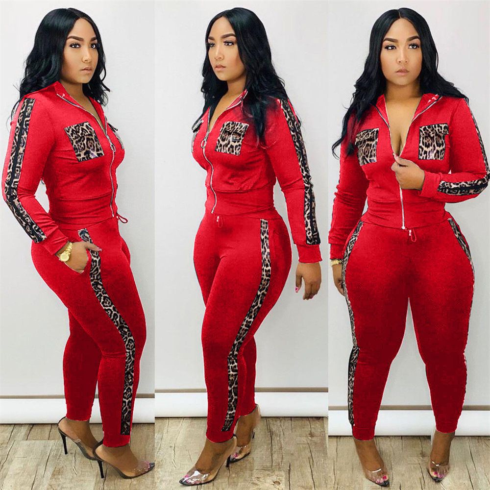 (Red)Spring Autumn Two Piece Set Women Tracksuit Zipper Hoodies Tops And Camouflag Pants Set Fashion Patchwork Two Piece Outfits GRE