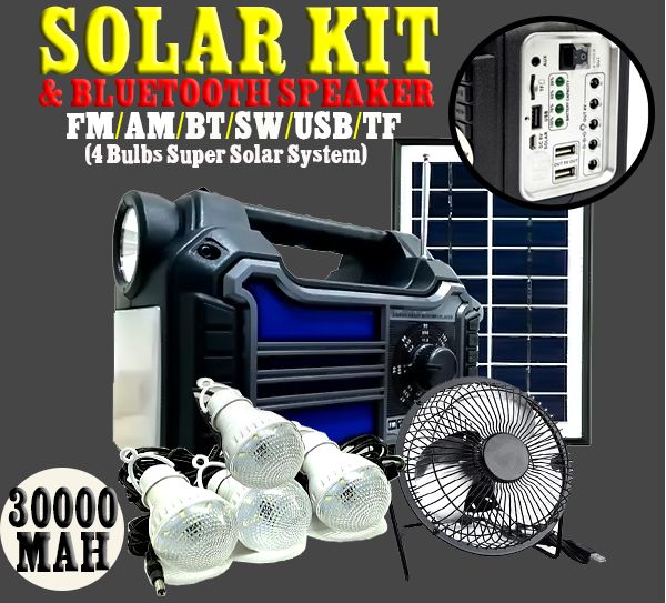 RELIABLE SOLAR ENERGY KIT/BLUETOOHT PORTABLE SPEAKER WITH 4 BULBS AND FREE USB FAN (30,000 MAH)
