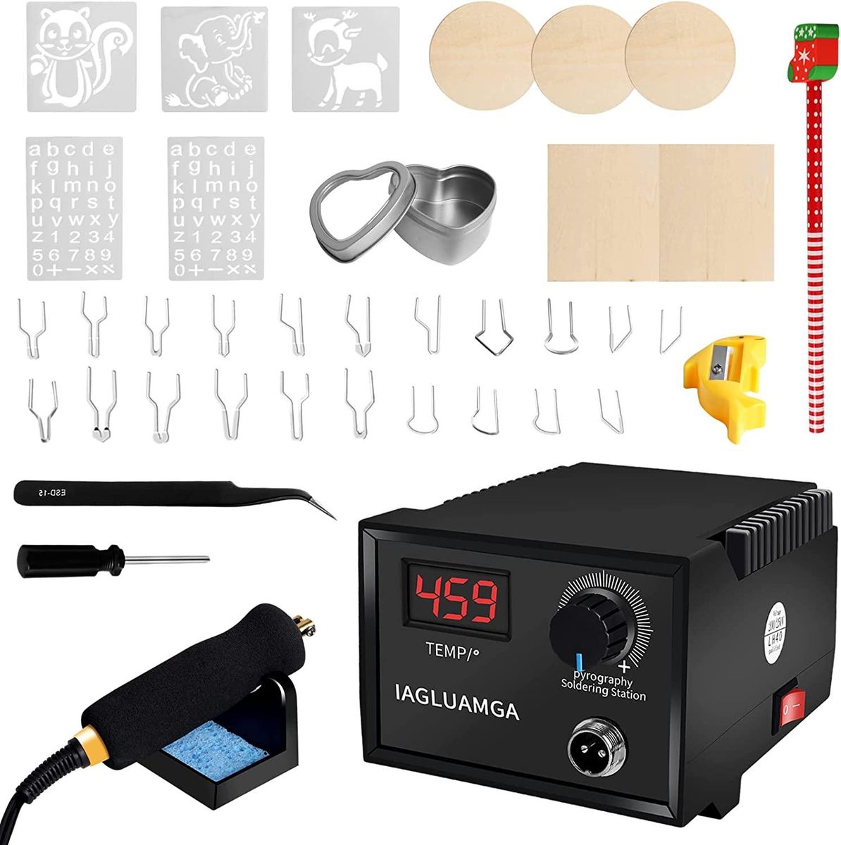 Pyrography Machine Soldering Iron Set 60W LCD Wood Burner Kit Temperature Adjustable, with 21 Pyrograph Wire Tips for Burning
