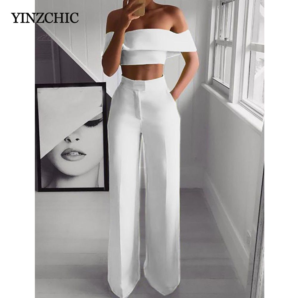 Hot Summer Woman Two-pieces Set Solid Color Ladies Fashion Suits Work Short Top + Loose Pants Sets For Woman Casual（#White）