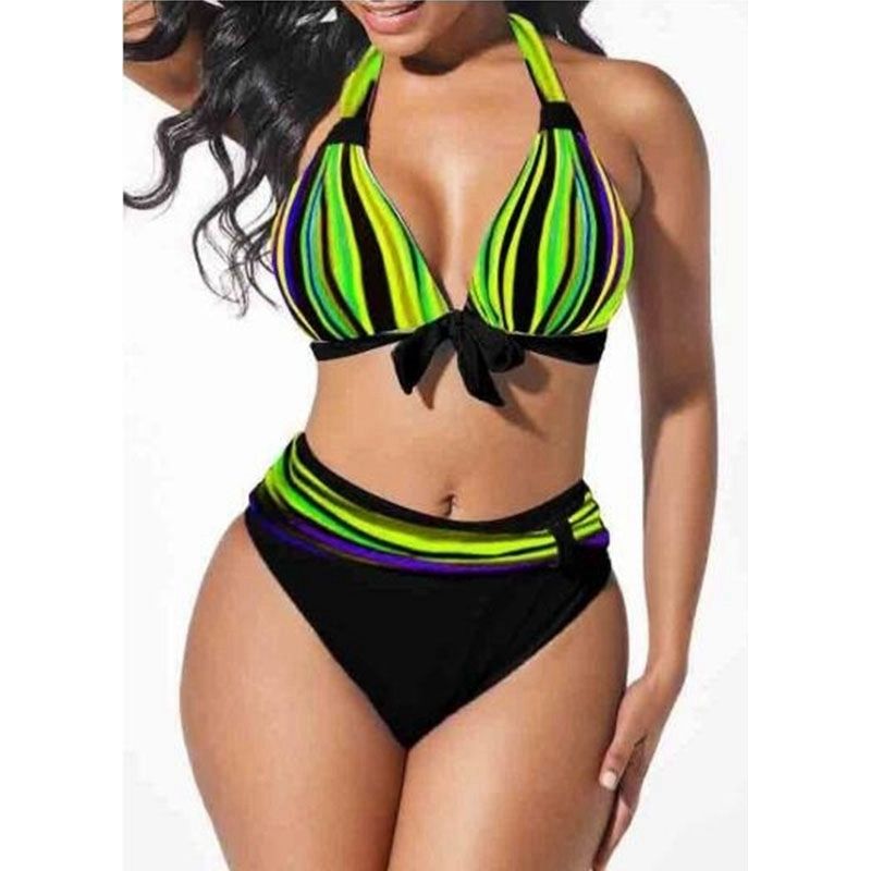 Neon Striped Bikini Set Push Up Women High Waist Halter Beach Swimwear Retro Bowknot Bathing Suit Swimming Suit Green KIP
