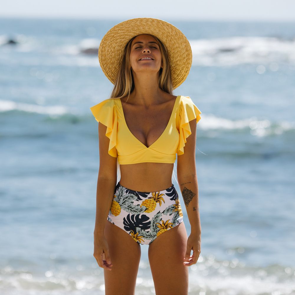 New Swimsuit Women Swimwear High Waist Bikini Ruffle Bikini Set Push Up Bathing Suit Print Beach Wear Summer Biquini Female MAG18126BL1 KIP