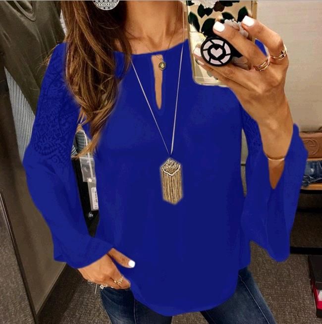 Women's Lace V-neck Embroidered Long Sleeve Shirt