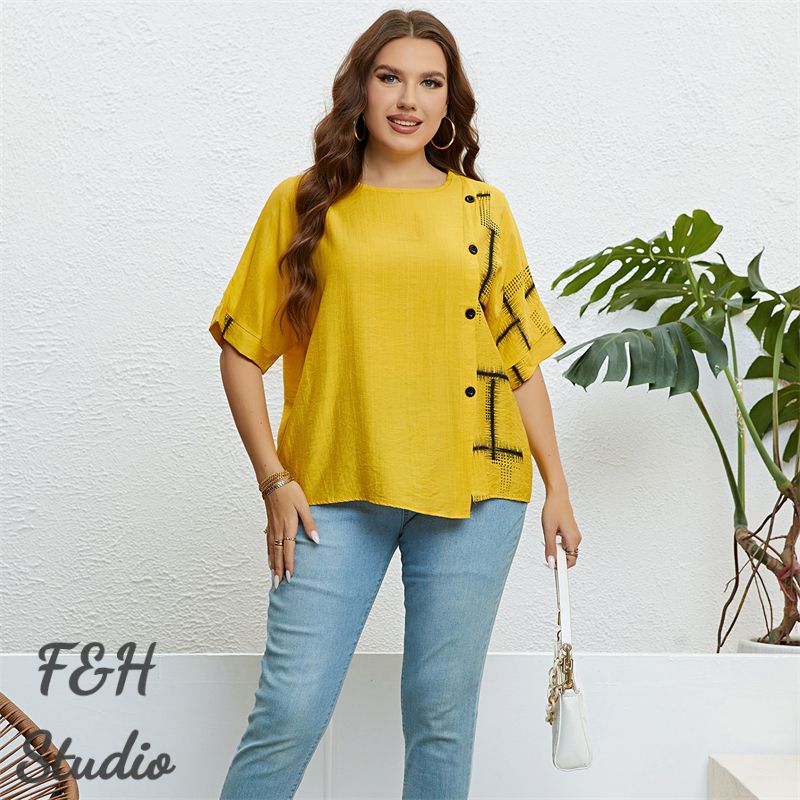 F&H 3327 XL-3XL Women Plus Size Button Up Loose Blouse Yellow