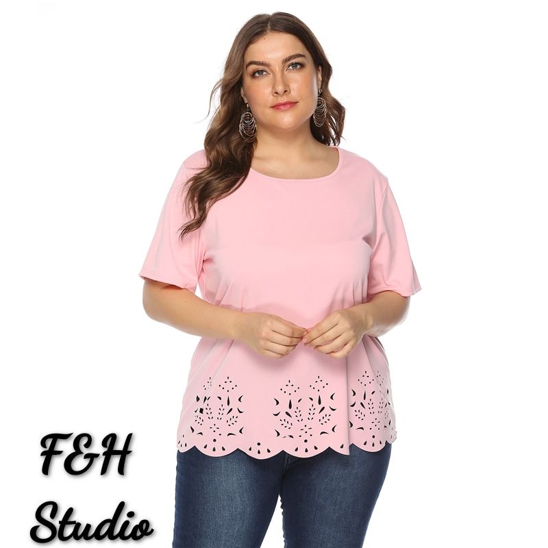 L-4XL Women Big Size Round Neck Short Sleeve Hollow-out Plus Size Tops 1734