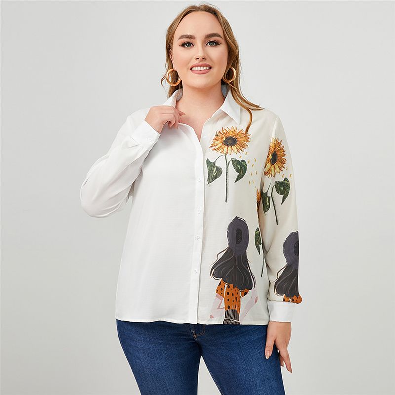 2918 L-4XL Women Long Sleeves Front Button Work Plus Size Blouse White