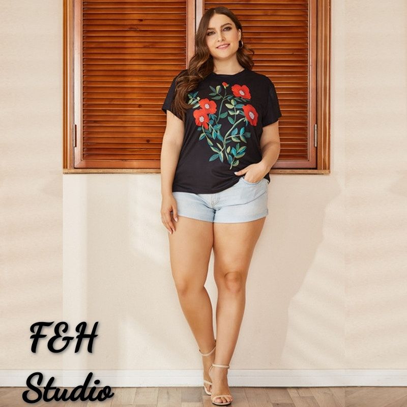 L-4XL Round Neck Short Sleeve Floral Print Plus Size Blouse Black 2683
