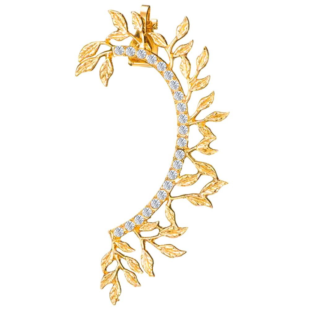 1Pc Vintage Leaf Curved Full Rhinestone Ear Cuff Women Clip On Earrings Jewelry-Golden