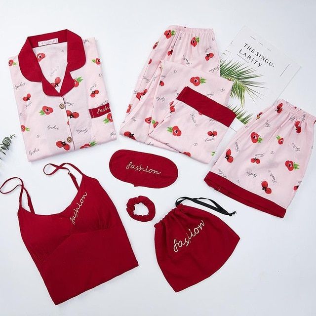 Women's Pajamas 7PCS Sleepwear Spring Long Sleeve Ice Silk Pijamas