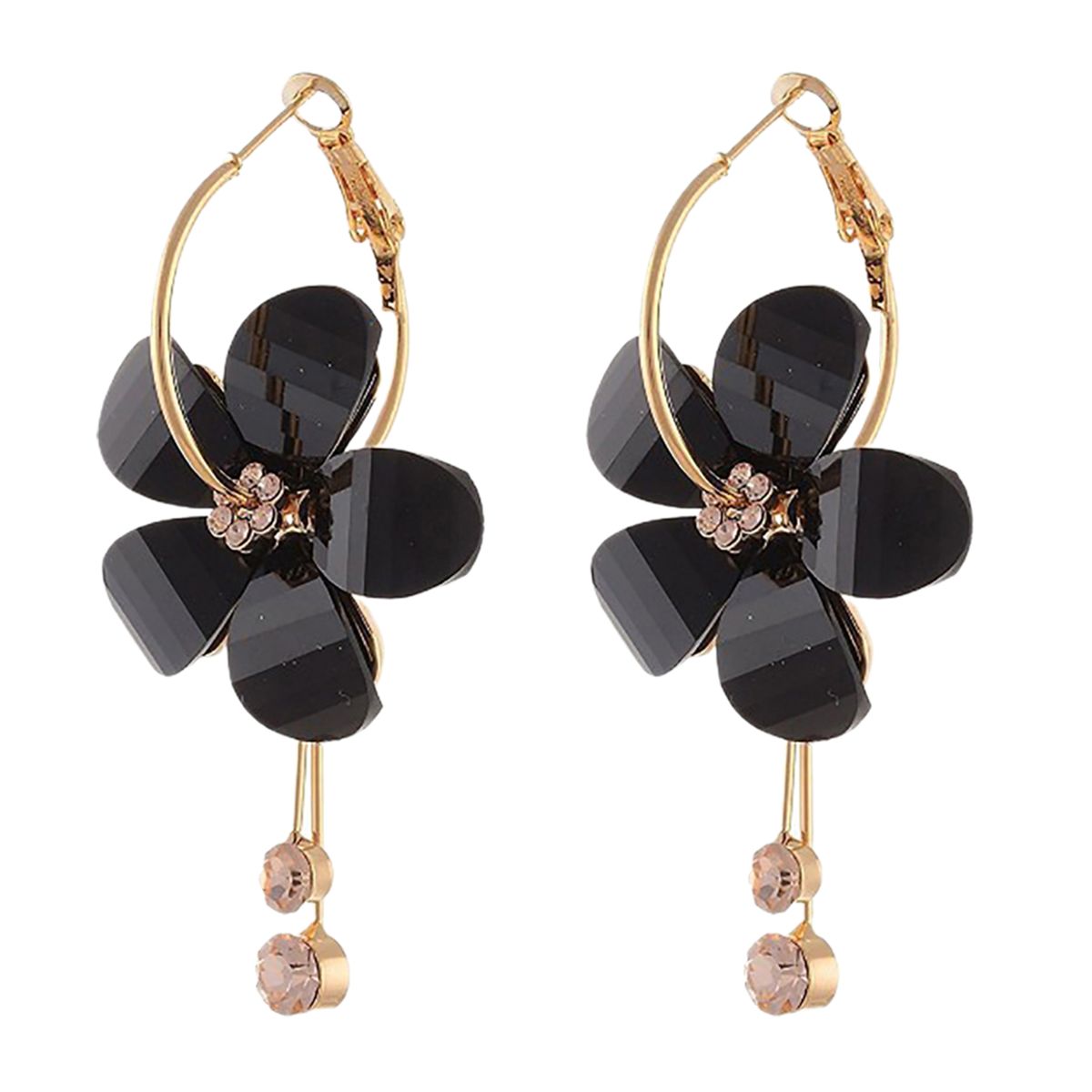 1 Pair Women Petal Flower Shape Rhinestone Inlaid Alloy Dangle Earrings For Wedding Party-Black