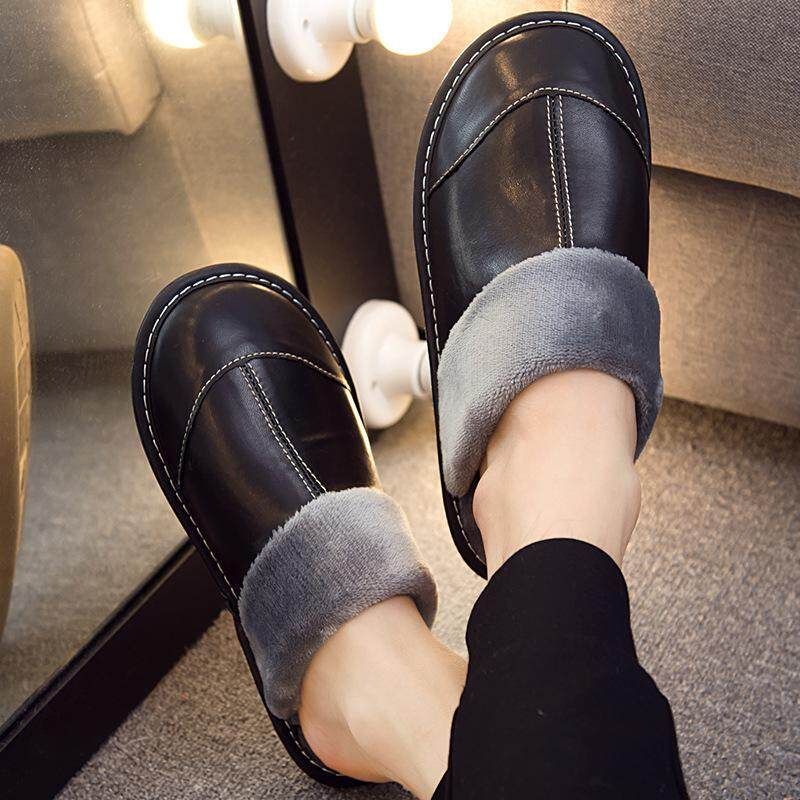 Men's Winter Warm Fuzzy Lamb Leather House Slipper Fleece Lined Home Casual Black 27 (39-40 Yards)