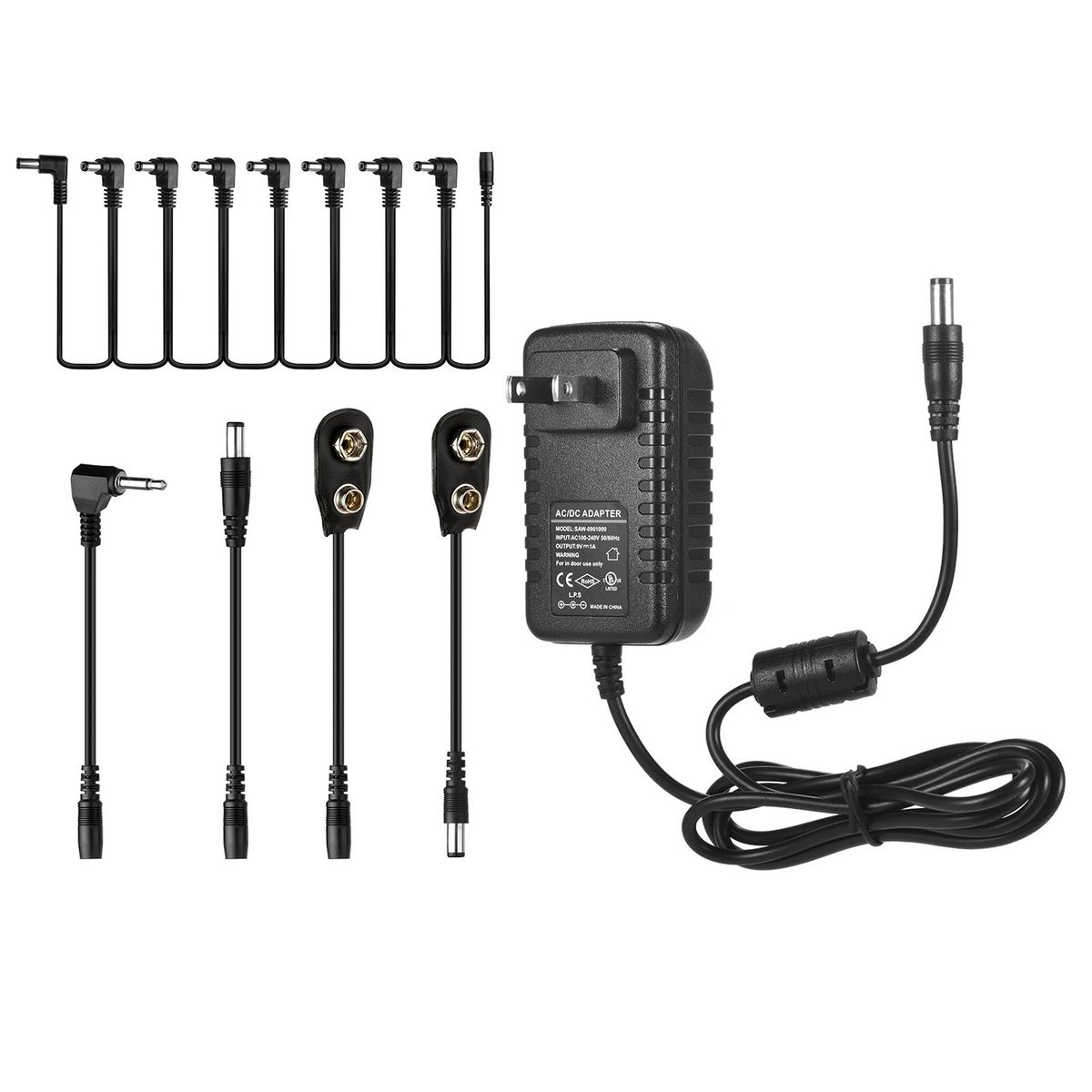 Caline CP-07B Guitar Effects Power Supply Adapter DC 9V 1A with 8-Way Daisy Chain Cable Reversed Polarity Cables Battery Clip Cables
