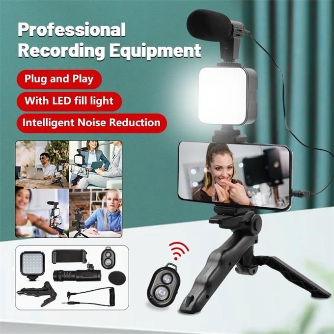 AY49 Smartphone Vlog Kit With LED Video Light 5600K+Cardioid Microphone+Extendable Phone Clip+Tripod