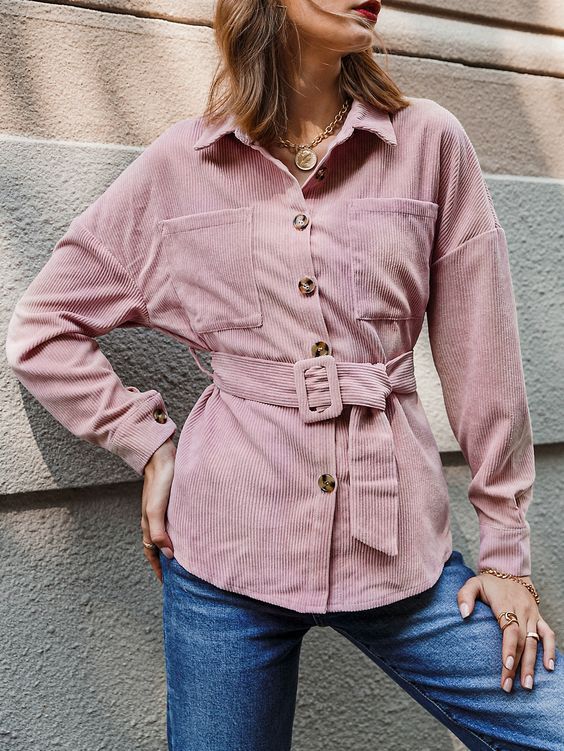 Women Casual Long Sleeve Corduroy Plain Non-Stretch Oversize Shirt -  Baby Pink