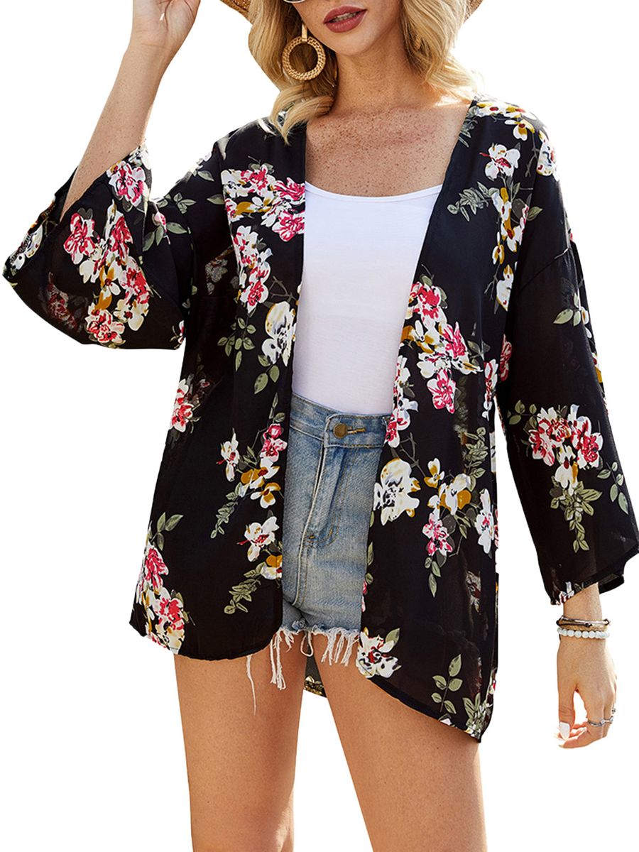 Women Cover Up Colorful Floral Leaves Print Open Front Wide