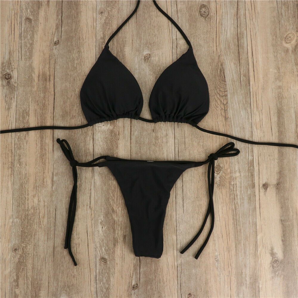 2pcs Bikini Set Padded Bra Women Push-up E Solid Swimwear Bandage Bathing Suit Swimsuit Swimming Suit Black KIP