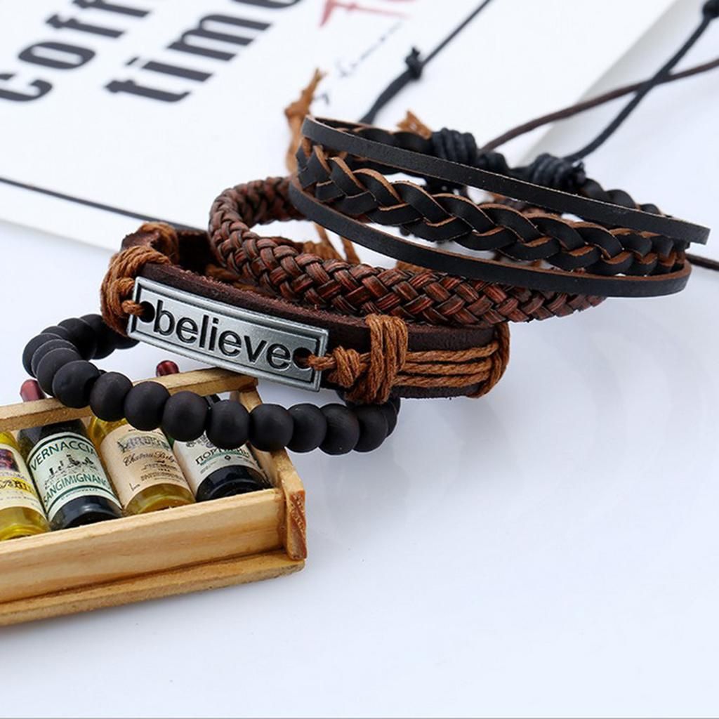 4 Piece Bracelets For Men, PU Leather Bracelet Arm Chain Braided Rope