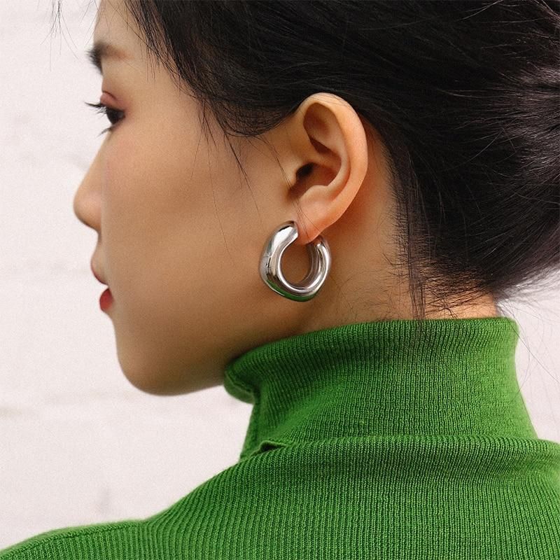 Badu Chunky Gold Hoop Earrings Lightweight Silver Open C-Shaped Stainless Steel Earrings for Women 14K Real Gold Plated Jewellry