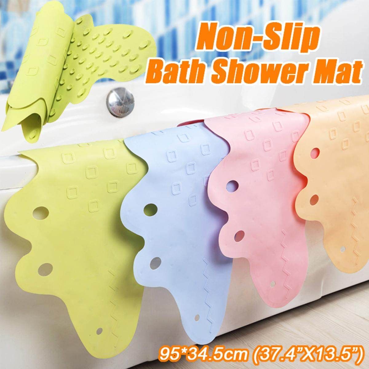 [95x34.5cm] Bathroom Non-Slip Long Bath Shower Tub Mat Pad Strong Suction Grip Design Safe(Blue, Yellow, Pink, Green) Blue