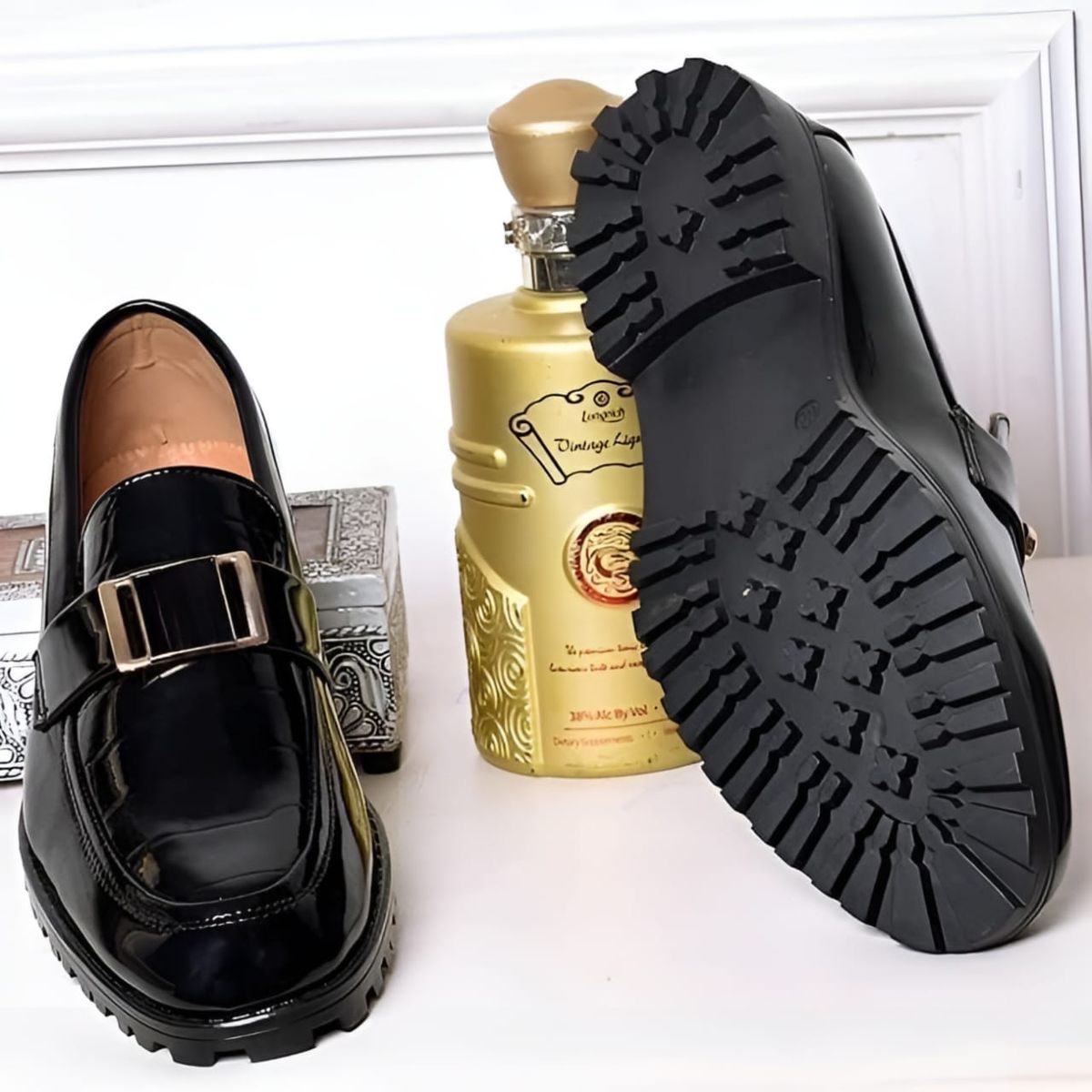 MEN HIGH HEEL BIG BUTTON DESIGNERS SHOE BLACK