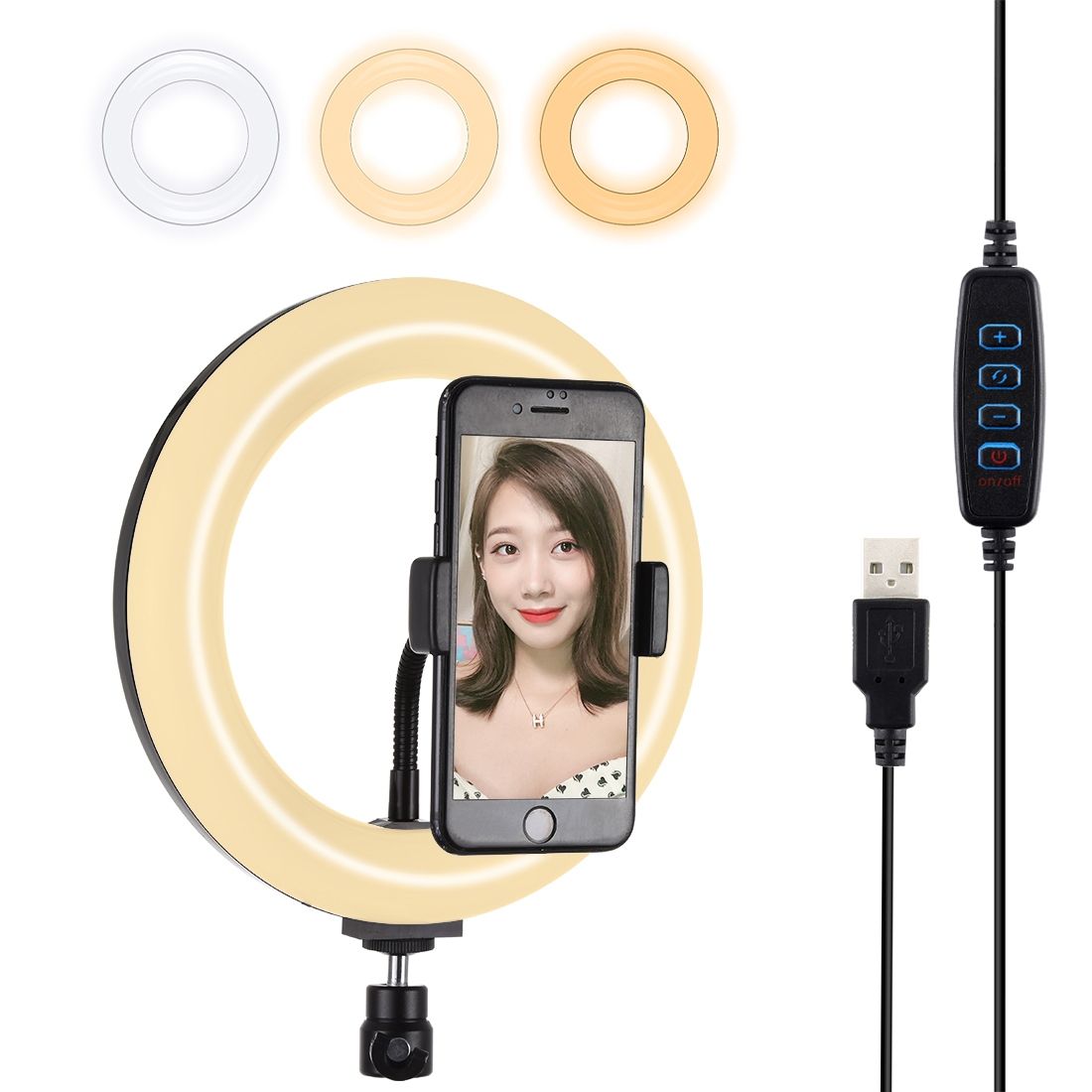 PULUZ 7.9 Inch 20cm USB 3 Modes Dimmable Dual Color Temperature LED Curved Light Ring Vlogging Selfie Photography Video Lights With Phone Clamp (Black)