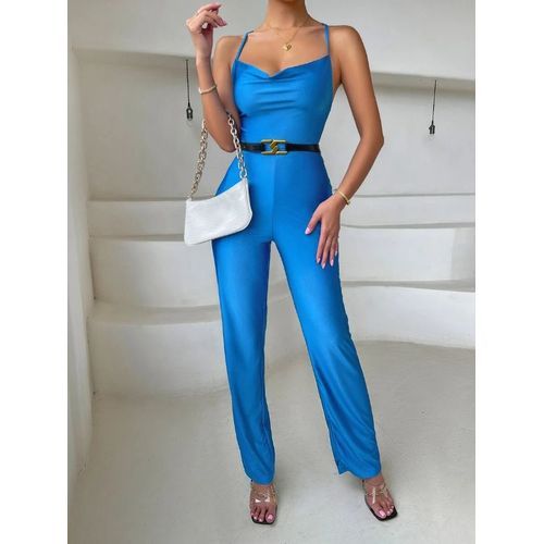 Women Crisscross Tie Backless Club Party Cami Jumpsuit Without Belt - Blue