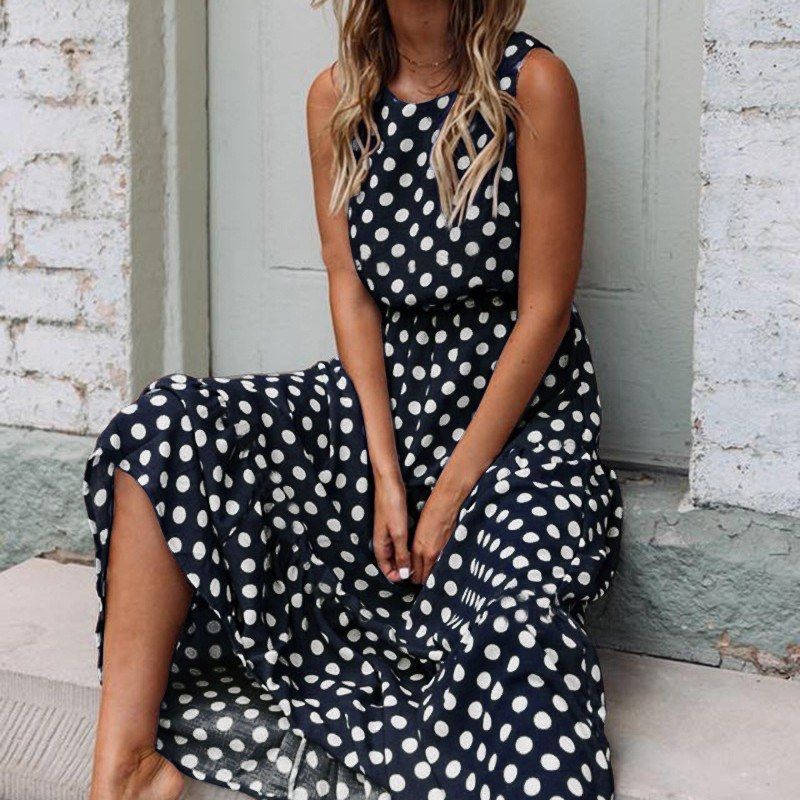 Women Polka Dots Dress Sleeveless Sundress O-neck Waisted Flowy Summer Beach Dress-blue