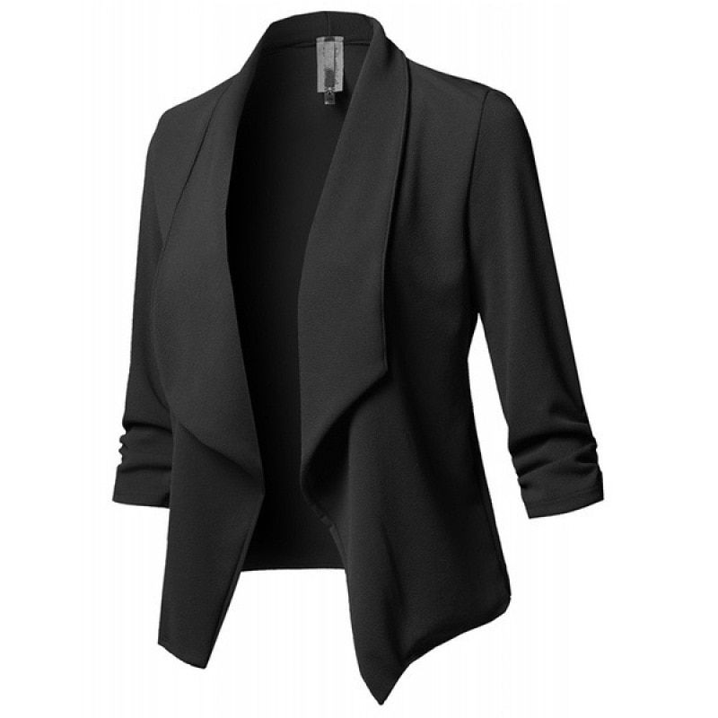 （Black）NEW Oversize Office Ladies Notched Collar Women B Solid Autumn Jacket