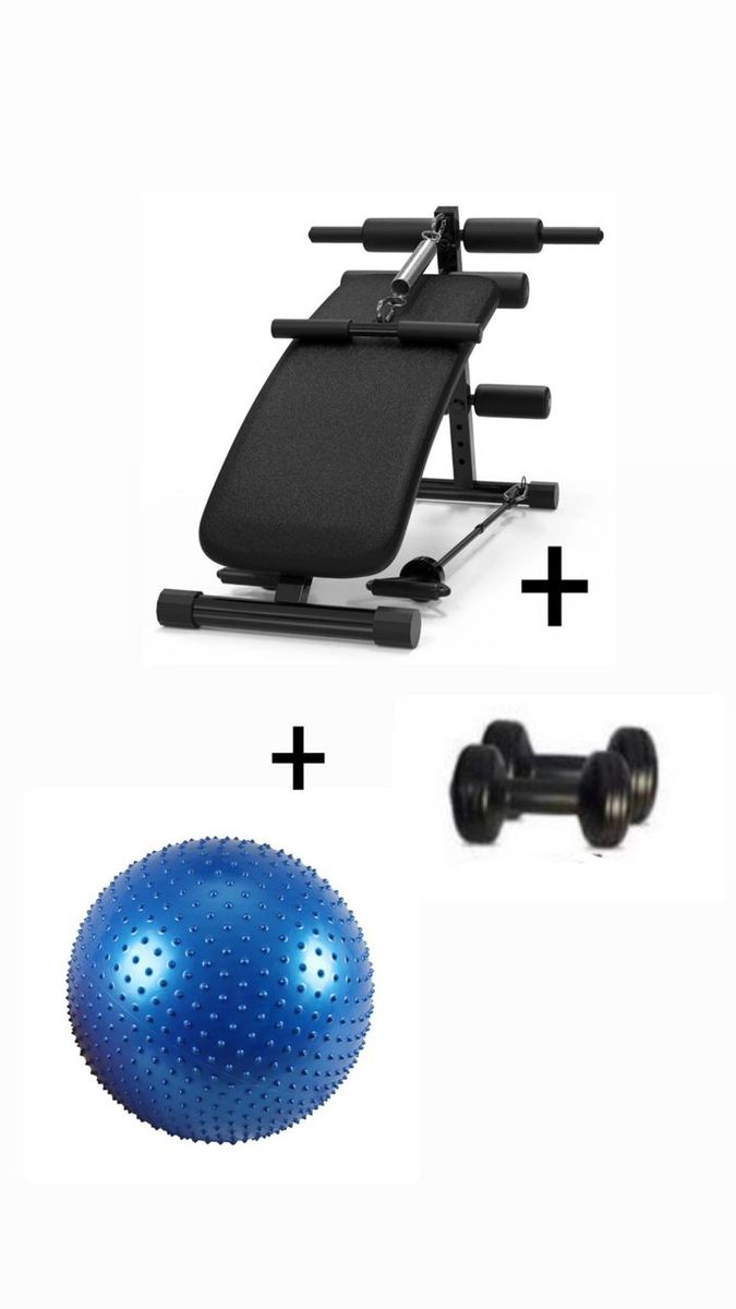 Sit Up Bench With Dumbbells And Pull Up Spring For Arm Coiling Exercise And Exercise Ball.
