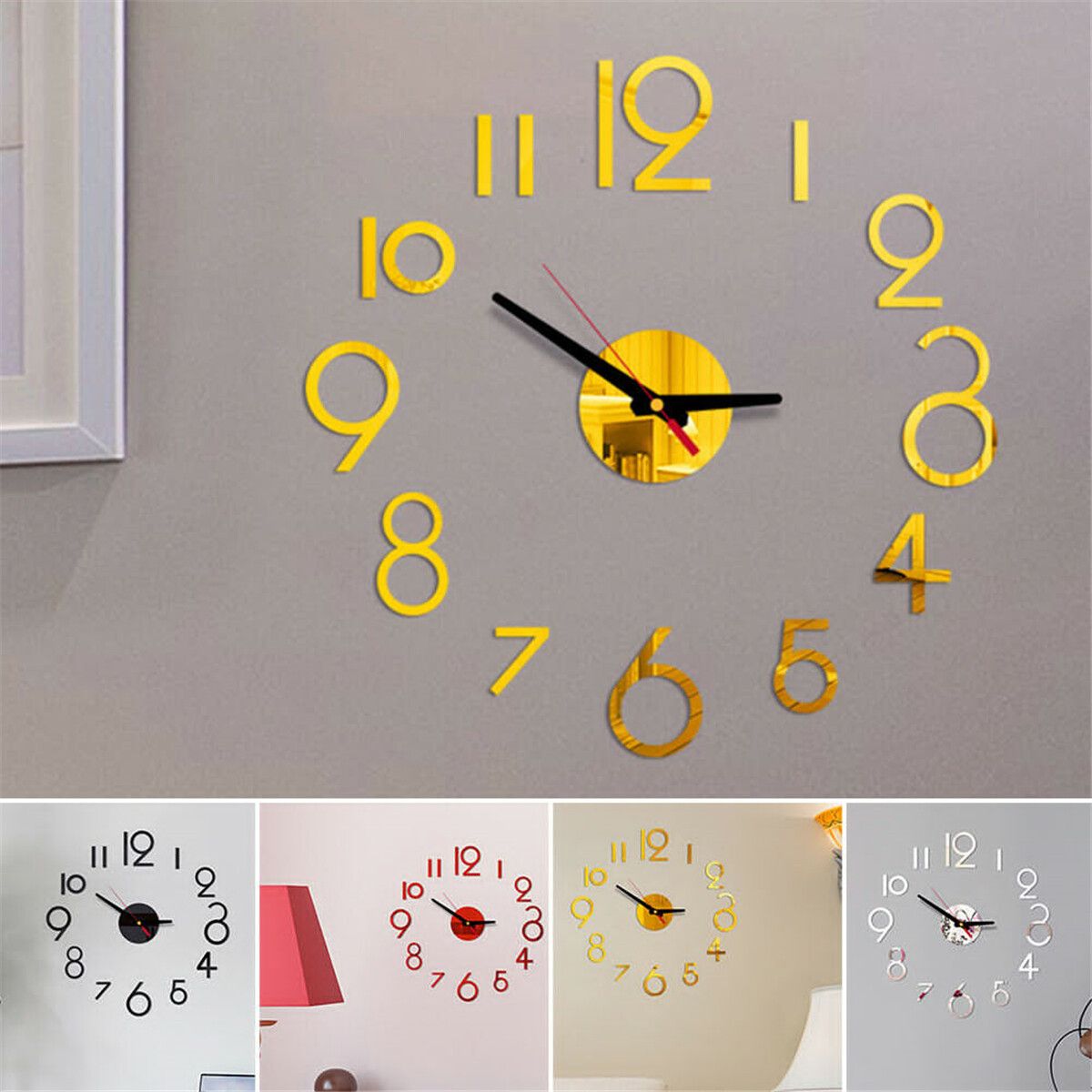 DIY Wall Clock 3D Surface Mirror Numerals Room Office Sticker Home Modern Gold
