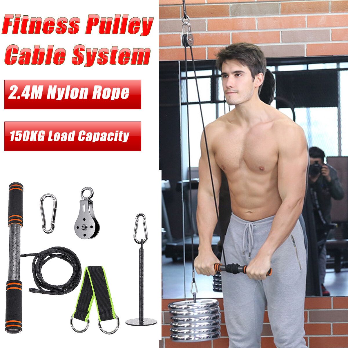 Fitness Pulley Cable System DIY Lifting Machine Triceps Rope Weight Workout Gift Black