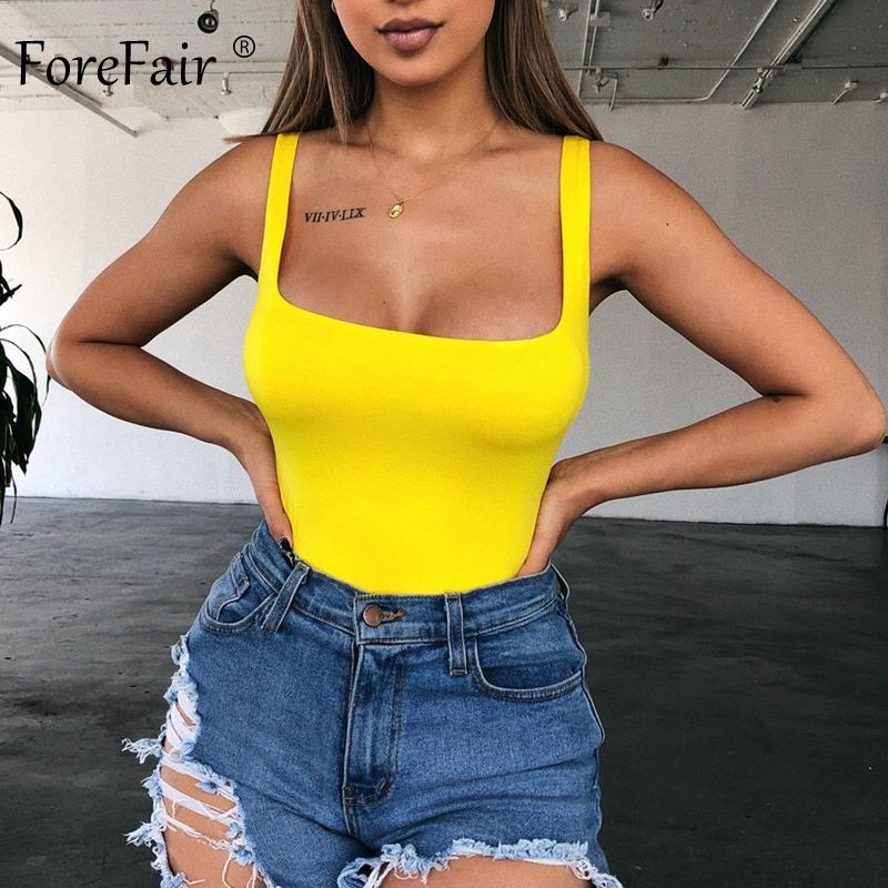 Neon Summer Body Top Summer Square Neck Basic Sleeveless Rompers Womens Jumpsuit Sexy Bodycon Bodysuit Women(#Yellow Bodysuit)