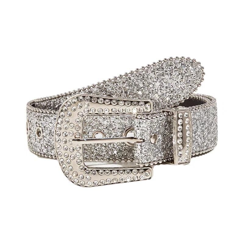 Rhinestone Belts Women PU Leather Strap for Western Cowboy Y2K Girls