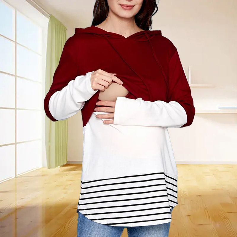A-Maternity Long Sleeve Nursing Tops Autumn Winter Women Breastfeeding Hoodie Patchwork