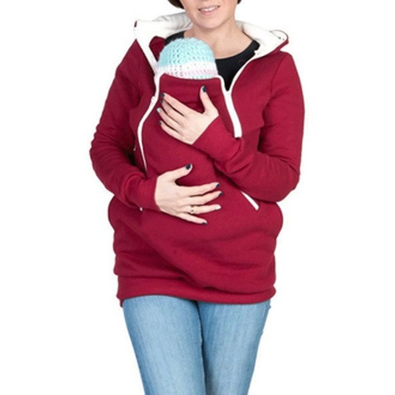 Red-Kangaroo Mother Sweater 2023 Winter Cotton Long Sleeve Maternity Clothes Hooded