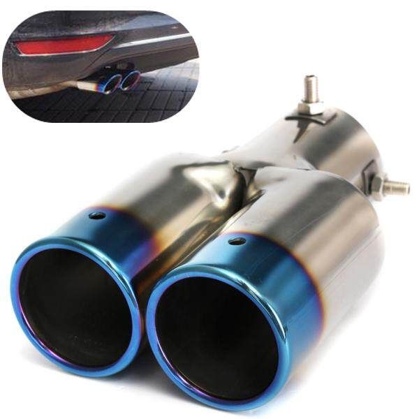 60MM Blue Universal Twin Double Exhaust Muffler Pipe Tail Tips Stainless Steel
