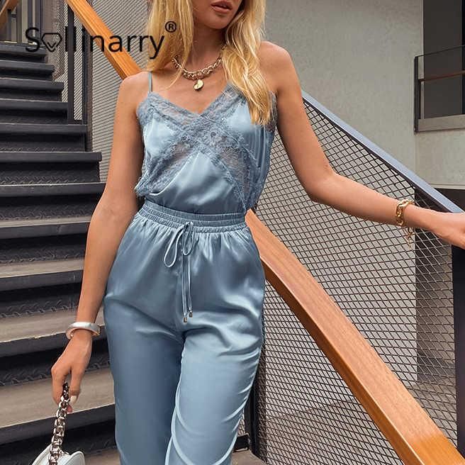 Women Two Piece Causal Party Lace Tank Top And High Waist Satin Pants Set - Grey