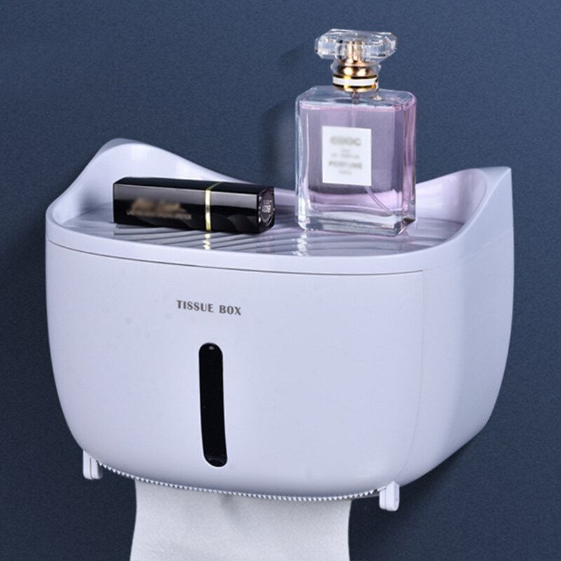 Waterproof Wall Mounted Toilet Roll Holder Drawer Bathroom Tissue Paper Box Light Grey