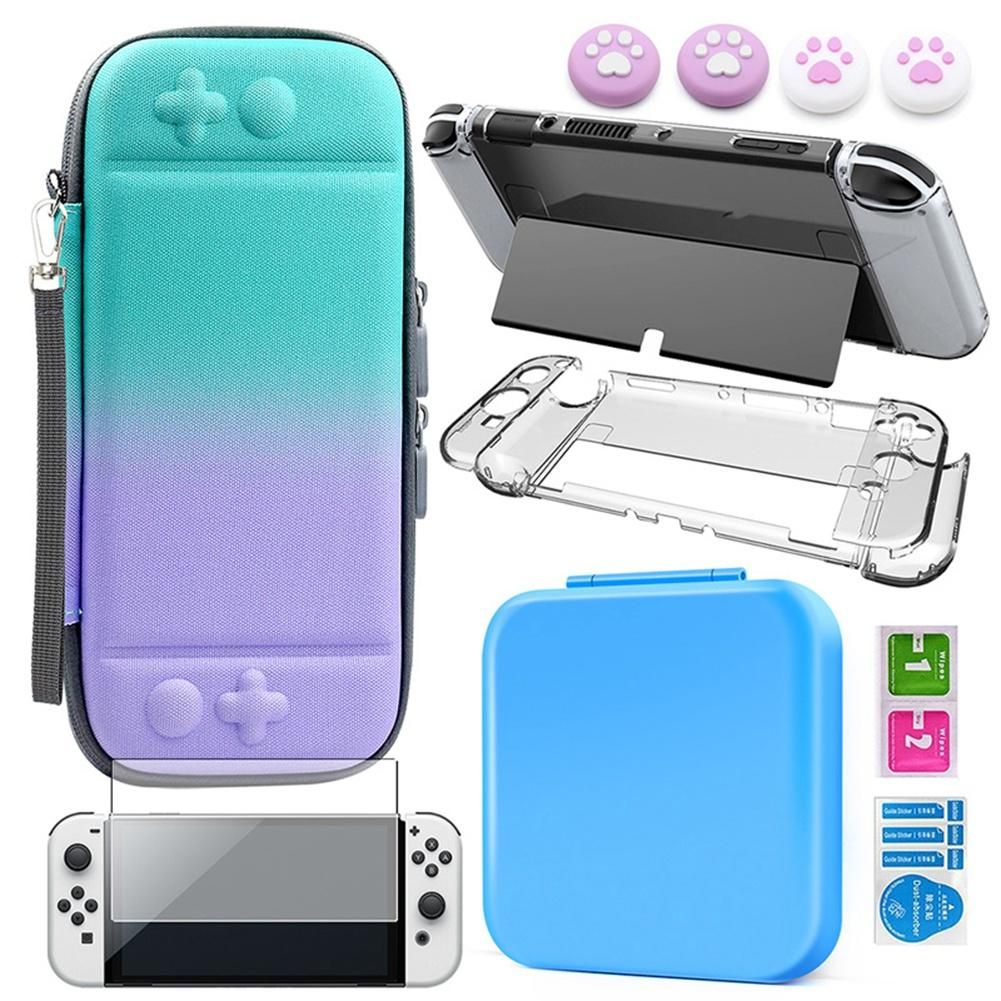 For Switch OLED Accessories Set Storage Bag Protective Film Game Card Case PC Hard Shell Thumb Grip Caps(Green Purple)