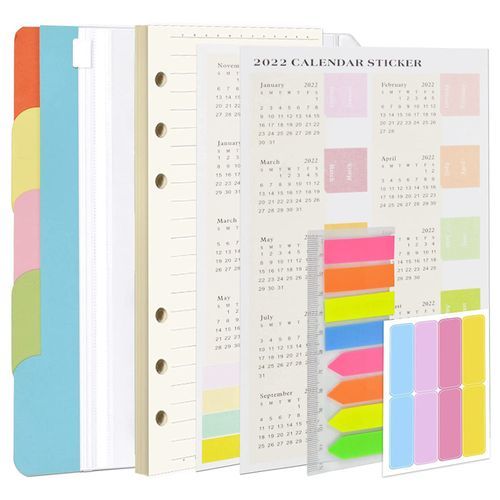 A5 Binder Planner Notebook-5 File Divider,45 Sheets Loose Leaf Paper,160 Neon Page Marker, 2 Calendar Stickers, Binder Pocket A5 Binder Notebook