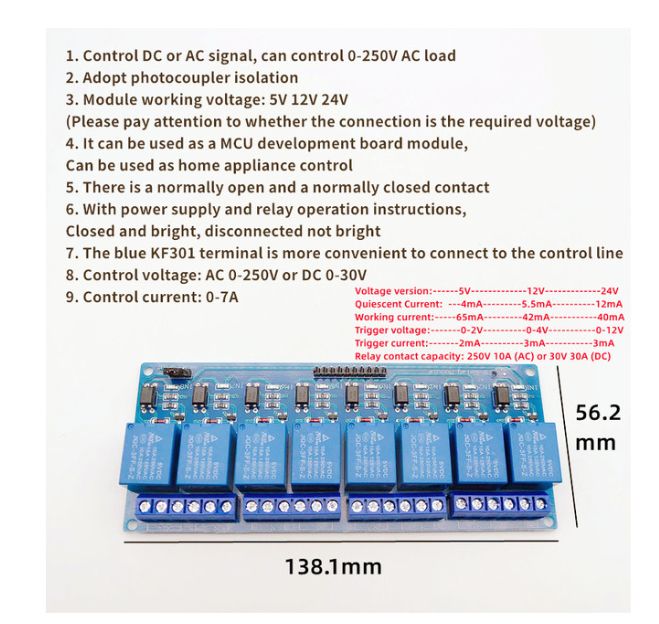 Low Level Trigger Relay Module,5V,8 Channels Optocoupler