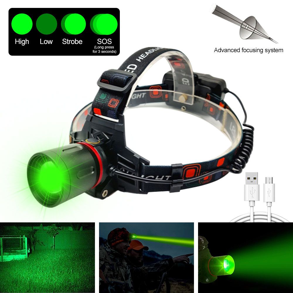 Green/Red Light Headlamp Zoomable Head Toch 4 Modes Headlight USB Charging Hunting Flashlight Power