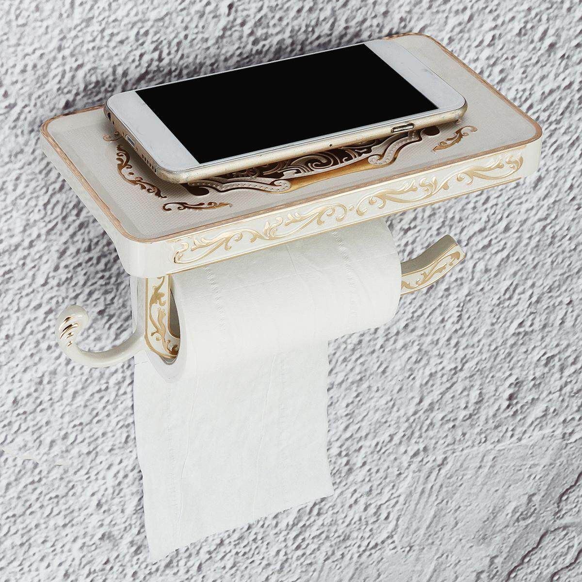 Retro Bathroom Wall Mount Toilet Paper Tissue Hook Holder Hanger & Phone Shelf Ivory