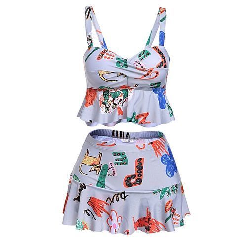 Women's Print Padded Tankini Top With Fold Over Waist Briefs Set Bathing Suit Swimwear-Blue White