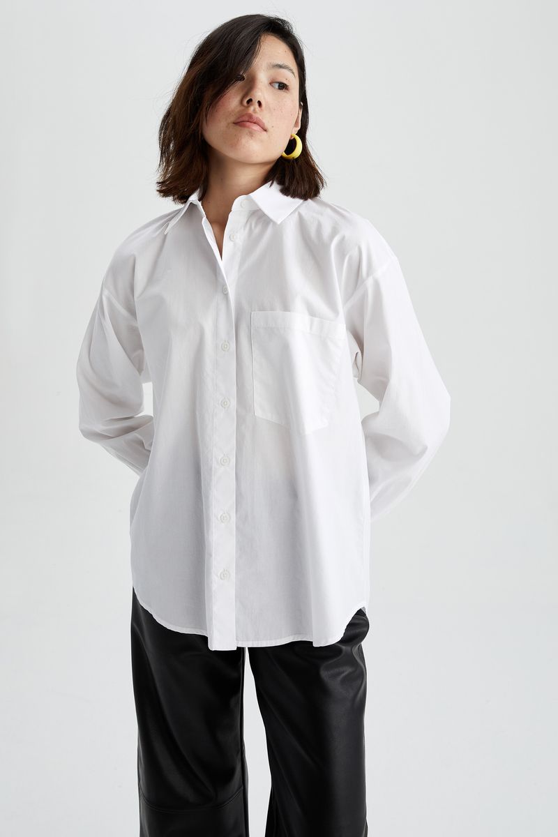 Woman Young Oversize Fit Woven Long Sleeve Shirt - White